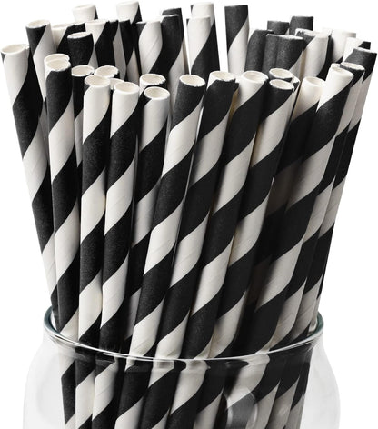 PakTalk 100 Pack Red Straws, Disposable Red and White Biodegradable Paper Striped Straws for Cocktail, Milkshake, Coffee, Lemonade (0.24" x 7.75")