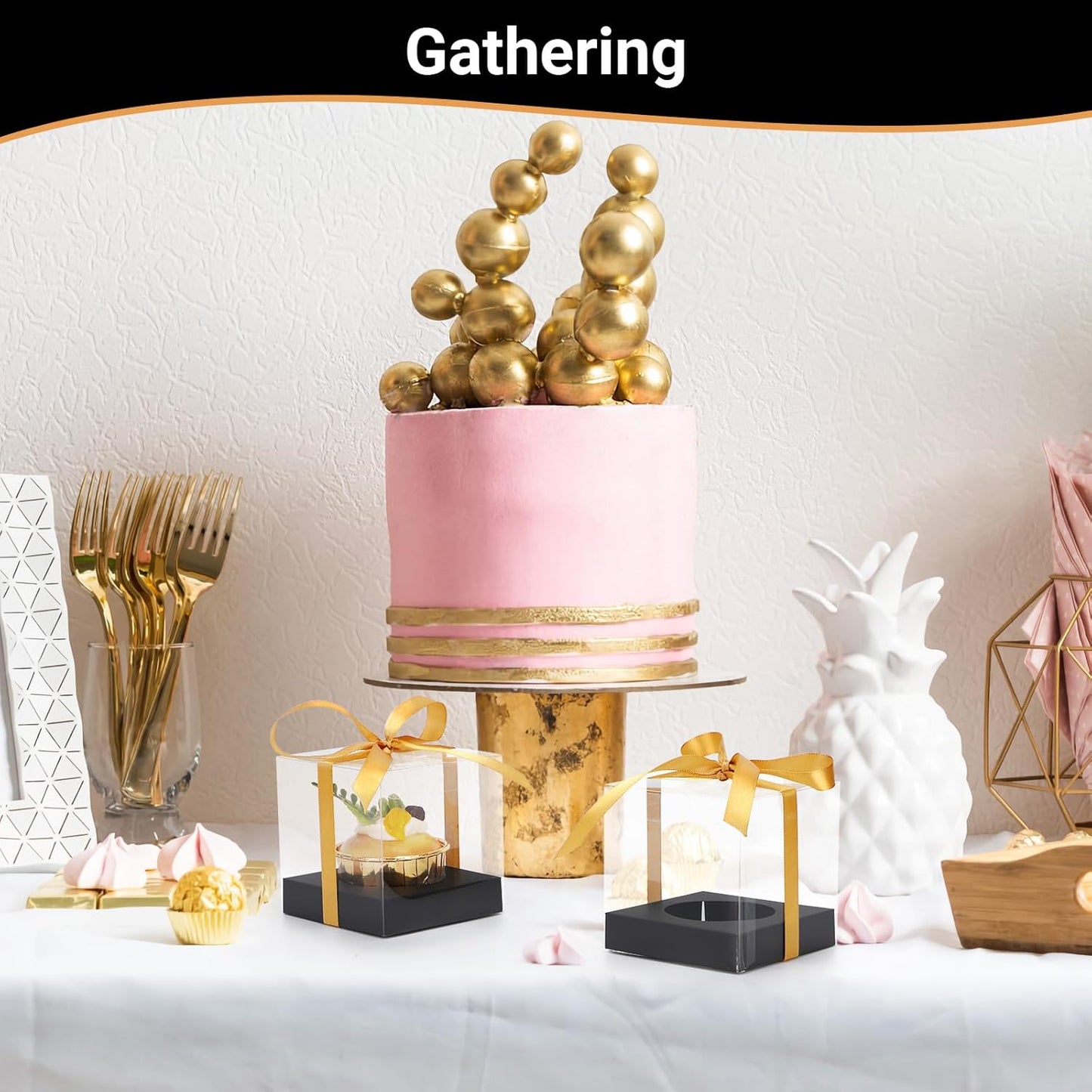 EUSOAR Individual Cupcake Holder, 50pcs 3.5 Inch Plastic Black Cupcake Containers with Lids, Single Transparent Display Clear Cupcake Carrier with Ribbon and Inserts for Wedding Party Favor