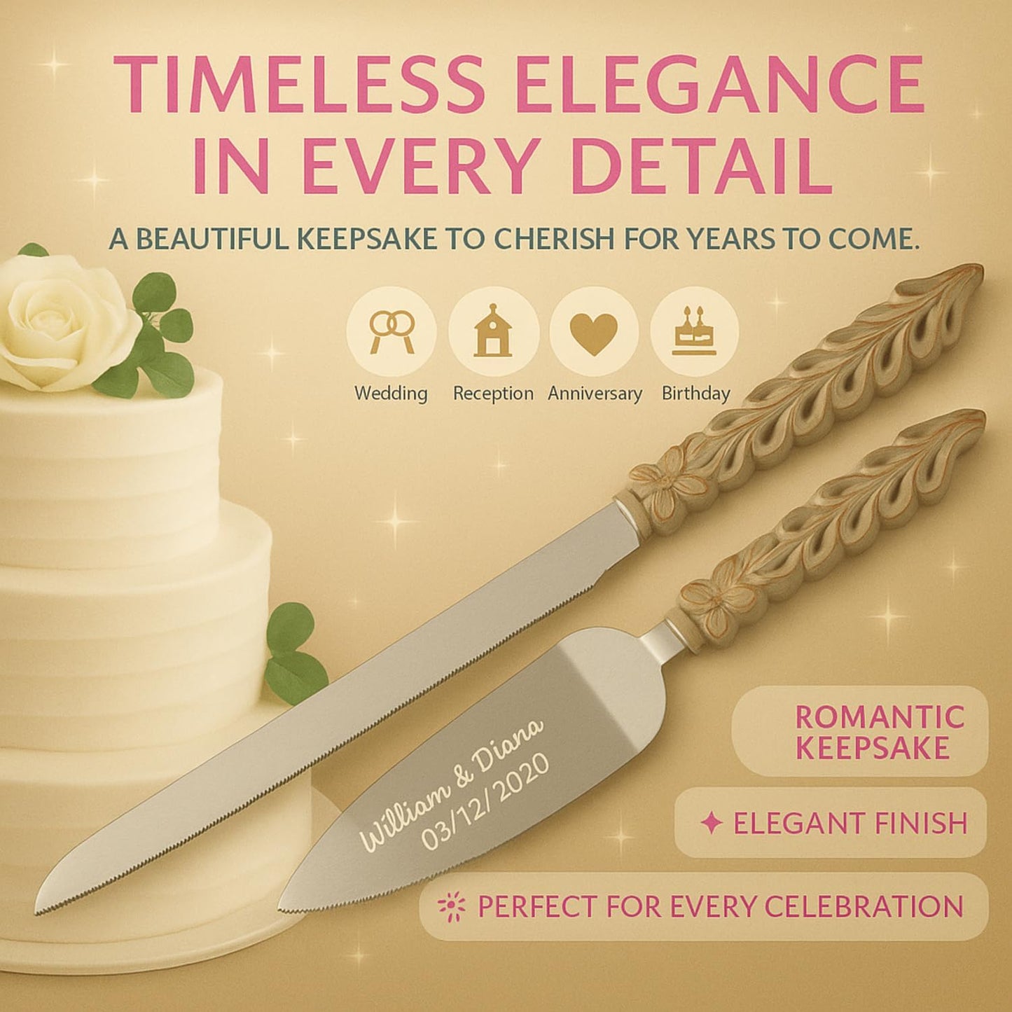 GIFTS INFINITY Personalized Wedding Cake Knife and Server Set with Engraving – Cake Cutting Utensil Set, Keepsake Gift for Wedding, Anniversary, Reception, Birthday & Other Occasions (CH-101WB)