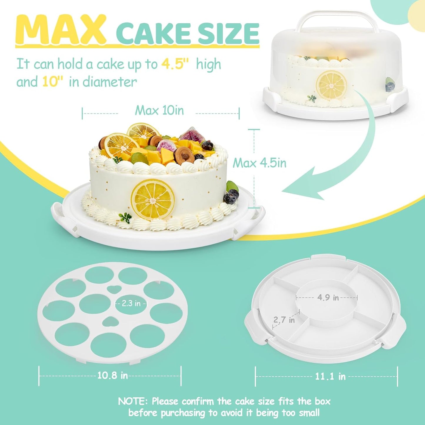 Cake Carrier with Lid and Handle, Ohuhu BPA-Free Cake Containers Cake Holder for 10 inch Cake with 2 Handle Cupcake Carrier - Plastic Cover Two Sided Base for Transport Pie Nut Fruit Mothers Day Gifts