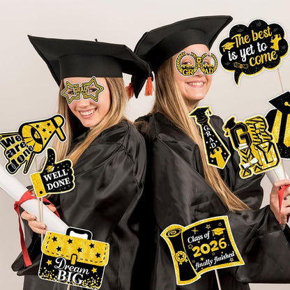31 Pcs Graduation Photo Booth Props with Paper Big Frame 2026 Grad Party Supplies Gold Black Selfie Photo Props Funny Selfie Photos Frame Graduation Party Photography Decoration