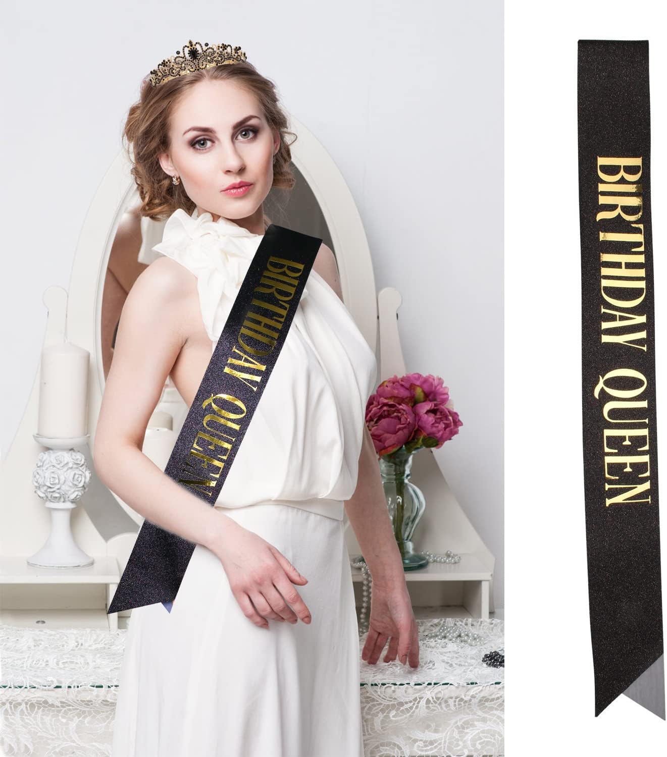Happy Birthday Queen Tiara Crowns for Women, Red Sash, Party Favors Supplies Gift, 30th Decorations, Stuff Accessories