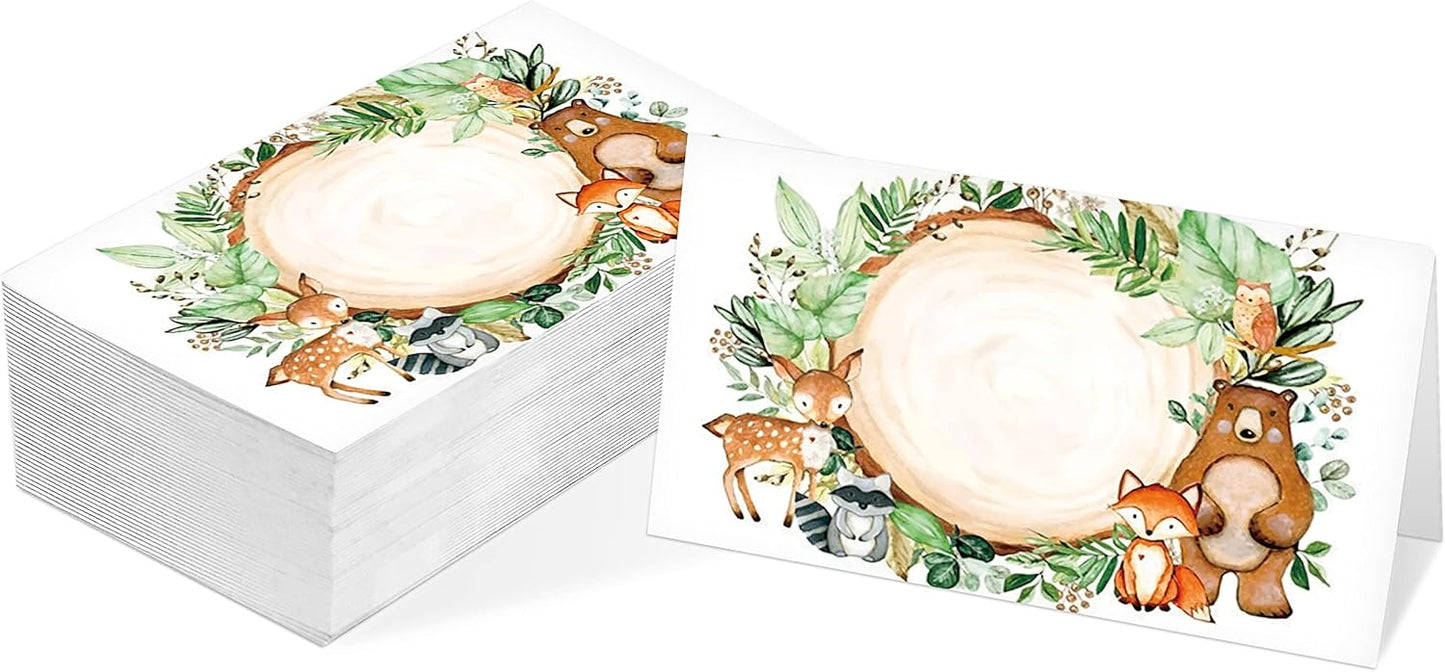 Table Place Card, Jungle Safari Animals Themed Tent Style Cards, Pack of 25 Half-Fold Reception Place Card, Gold Wild Animal Food Labels, Perfect for Baby Shower, Birthday Party C08