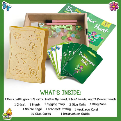 EDUMAN Flower Fairy Scavenger Hunt Dig Kit - Treasure Dig Kit Arts & Crafts, STEM Educational Toy with Clue Cards, Gemstone Dig Kits & DIY Jewelry Making Kits for Kids 6+ - Ideal Gift for Girls