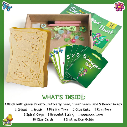 EDUMAN Flower Fairy Scavenger Hunt Dig Kit - Treasure Dig Kit Arts & Crafts, STEM Educational Toy with Clue Cards, Gemstone Dig Kits & DIY Jewelry Making Kits for Kids 6+ - Ideal Gift for Girls