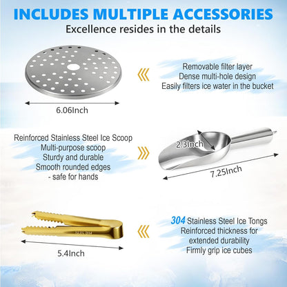 Ice Bucket, Ice Bucket with Silicone Sealing Ring Double-Wall Vacuum Insulation Champagne Buckets with Filter Layer Ice Tongs Ice Scoop (Gold, 3 L)