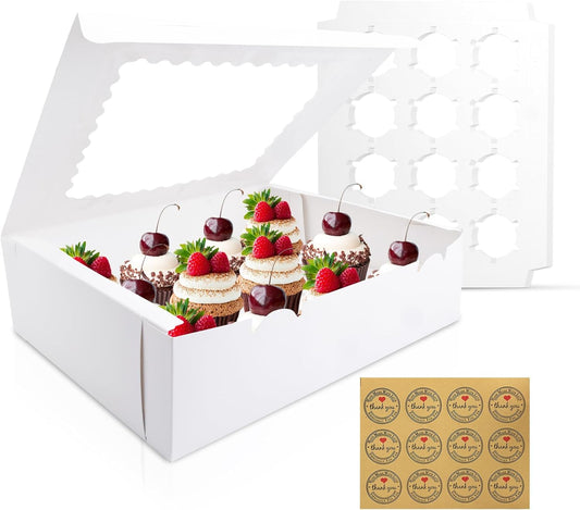 12PCS Cupcake Boxes 12 Count Cupcake Container with Window White Cupcake Holder Holding 144 Cupcakes for Birthday Holiday Party Bakery Supplies
