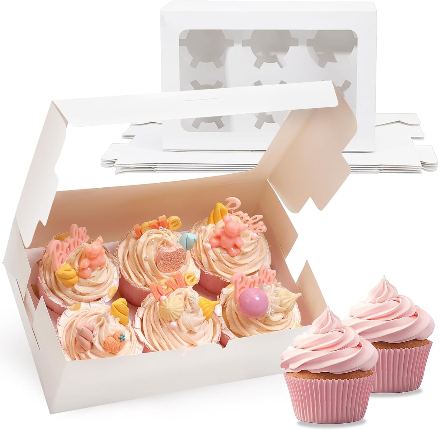 TOMNK 20pcs Cupcake Boxes, Cupcake Boxes 12 Count, 13x10x3.5 Inch White Containers Bakery Holders with Windows and Inserts to Fit Muffins, Cookies