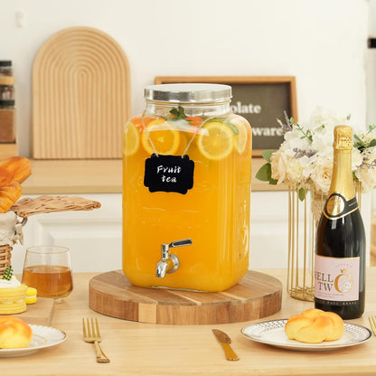 Bululuo Glass Drinks Dispenser for Parties, 2 PACK 1 Gallon Beverage Dispenser with Stand for Juice and Iced Tea, Water Jug Dispenser for Lemonade, Party Essential Beverage Pitcher with Spout