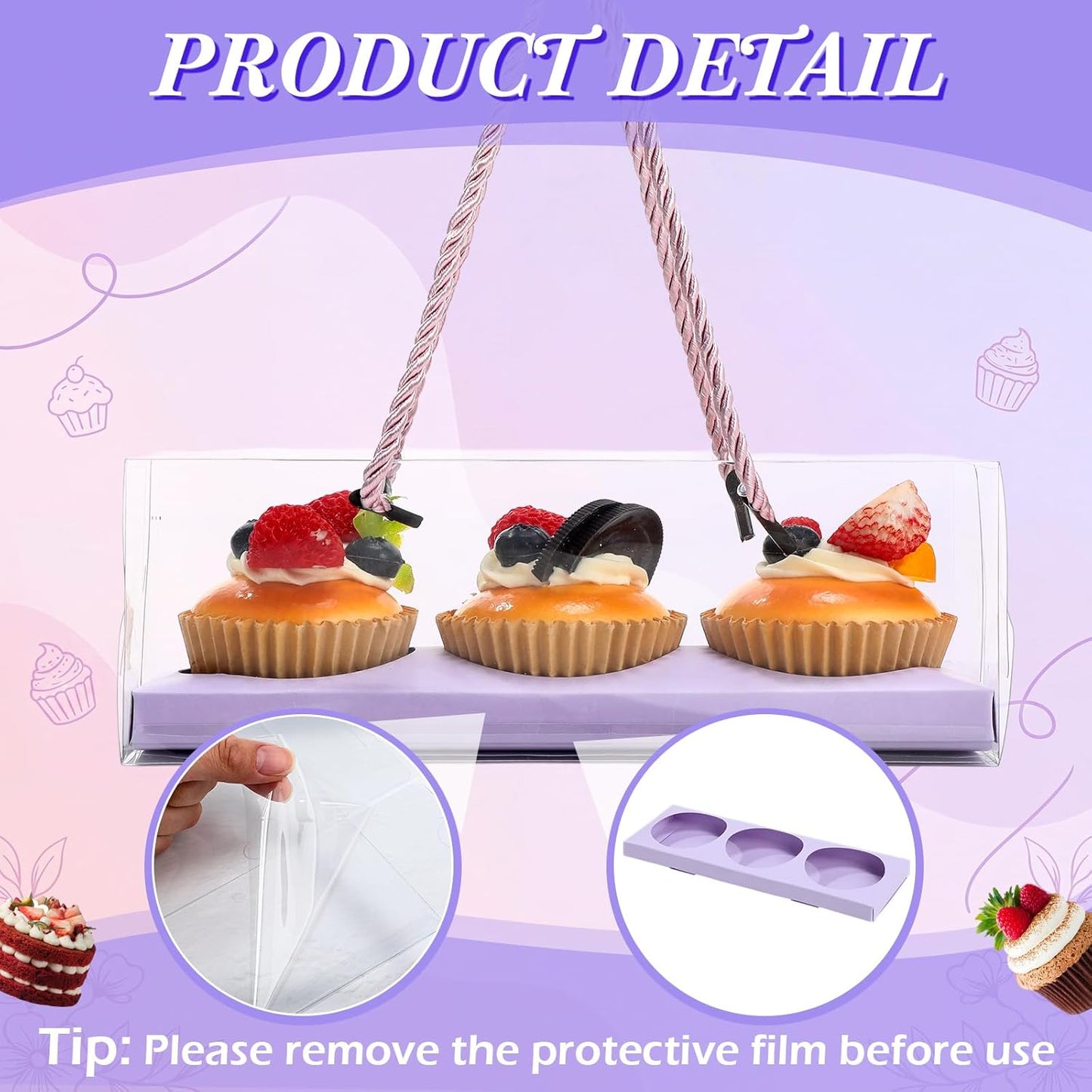 Thenshop 20 Pcs 9 x 3 x 3 Inch Clear Cupcake Boxes with Handle and Inserts 3 Count Portable Pastry Packaging for Cupcakes Carrier Muffin Bakery Containers Mothers Day Wedding Party(Brown)
