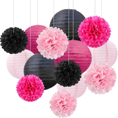 18 PCS Tissue Paper Pom Poms, Tissue Pom Poms Flowers, Sizes of 6", 10", 12", 14" Hanging Paper Flower Ball for Wedding, Birthday, Halloween, Christmas, Baby Shower Party Decor (Red Black Gold)