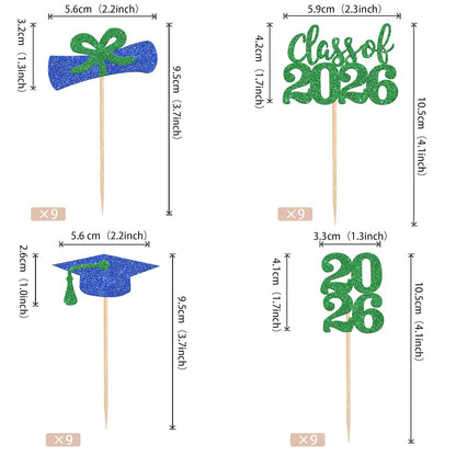 36 PCS 2026 Graduation Theme Cupcake Toppers Glitter Class of 2026 Grad Cap Diploma Cupcake Picks 2026 Graduation Theme Party Cake Decorations Supplies Deep Blue