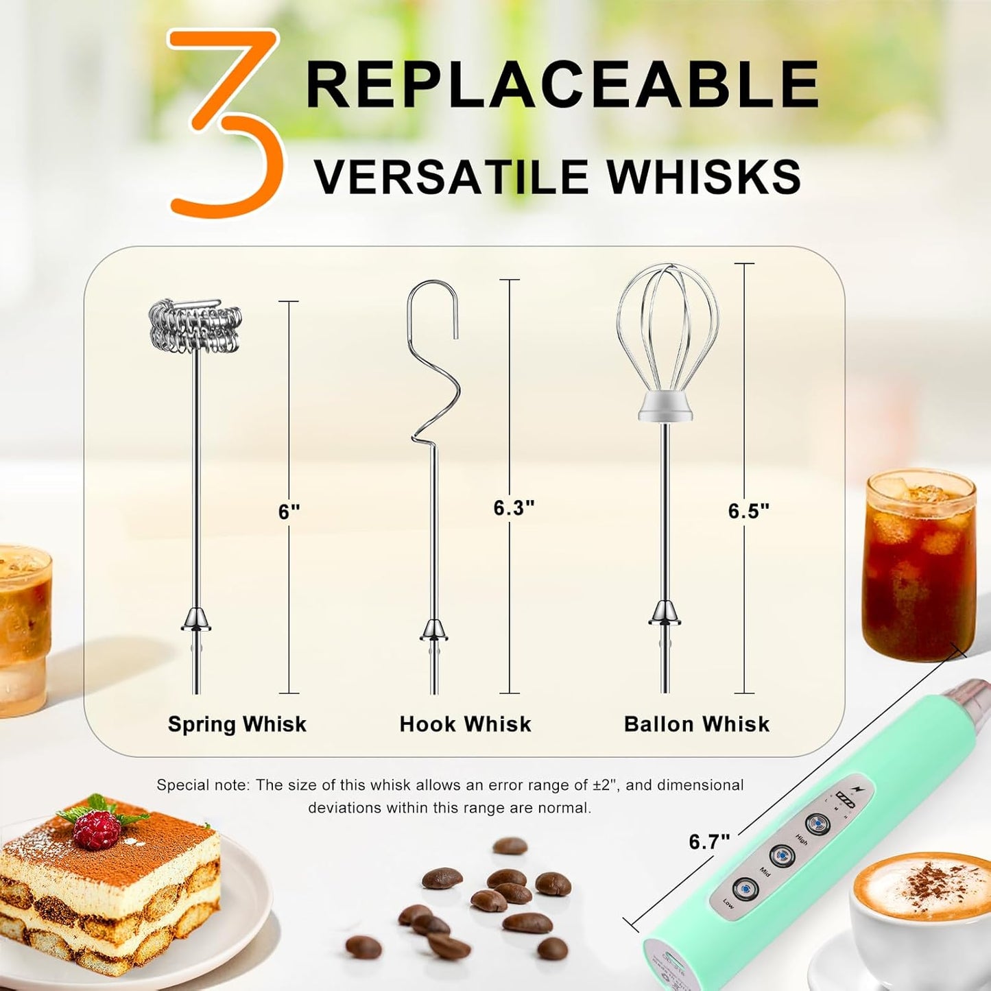 YUSWKO Black Handheld Milk Frother Wand for Coffee, Rechargeable Electric Whisk with 3 Heads 3 Speeds Drink Mixer Coffee Frother For Latte, Cappuccino, Hot Chocolate, Egg