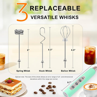 YUSWKO Black Handheld Milk Frother Wand for Coffee, Rechargeable Electric Whisk with 3 Heads 3 Speeds Drink Mixer Coffee Frother For Latte, Cappuccino, Hot Chocolate, Egg