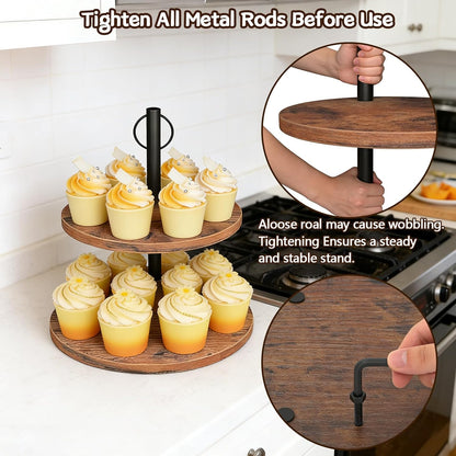 Cupcake Stand, 2 Pack Rustic Wood Cake Stand, 3 Tier Cupcake Tower Round Tiered Tray Stand for Dessert Table Display, Industrial Wooden Serving Stand Wedding, Graduation and Baby Shower