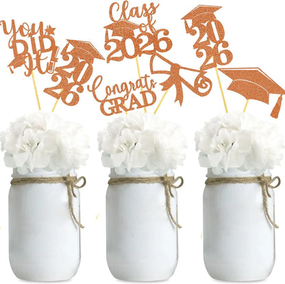 Graduation Centerpiece Sticks 24PCS Glitter Grad Picks Party Table Decor Senior High School College Sign Gold