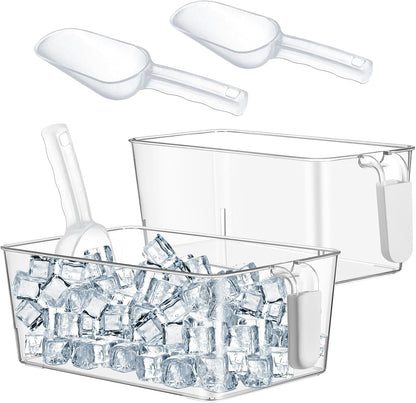 Havawish Ice Storage Bin and Flexible Scoop Set Plastic Freezer Bin with Pull Out Handle Storage Bucket Clear for Container with Scoop(Grey,10.83 x 4.92 x 4.33 in,Classic)