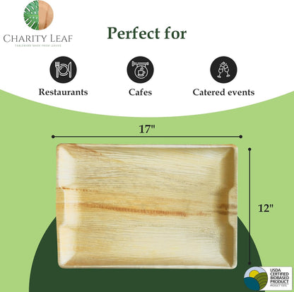 Charity Leaf Disposable Palm Leaf 17" x 12" Rectangle Trays (10 Pieces) Bamboo Like Serving Platters, Disposable Boards, Eco-Friendly Dinnerware for Weddings, Catering, Events