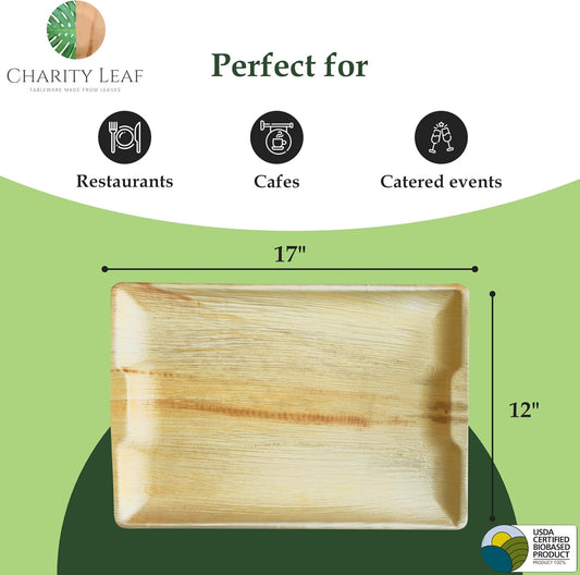 Charity Leaf Disposable Palm Leaf 17" x 12" Rectangle Trays (10 Pieces) Bamboo Like Serving Platters, Disposable Boards, Eco-Friendly Dinnerware for Weddings, Catering, Events