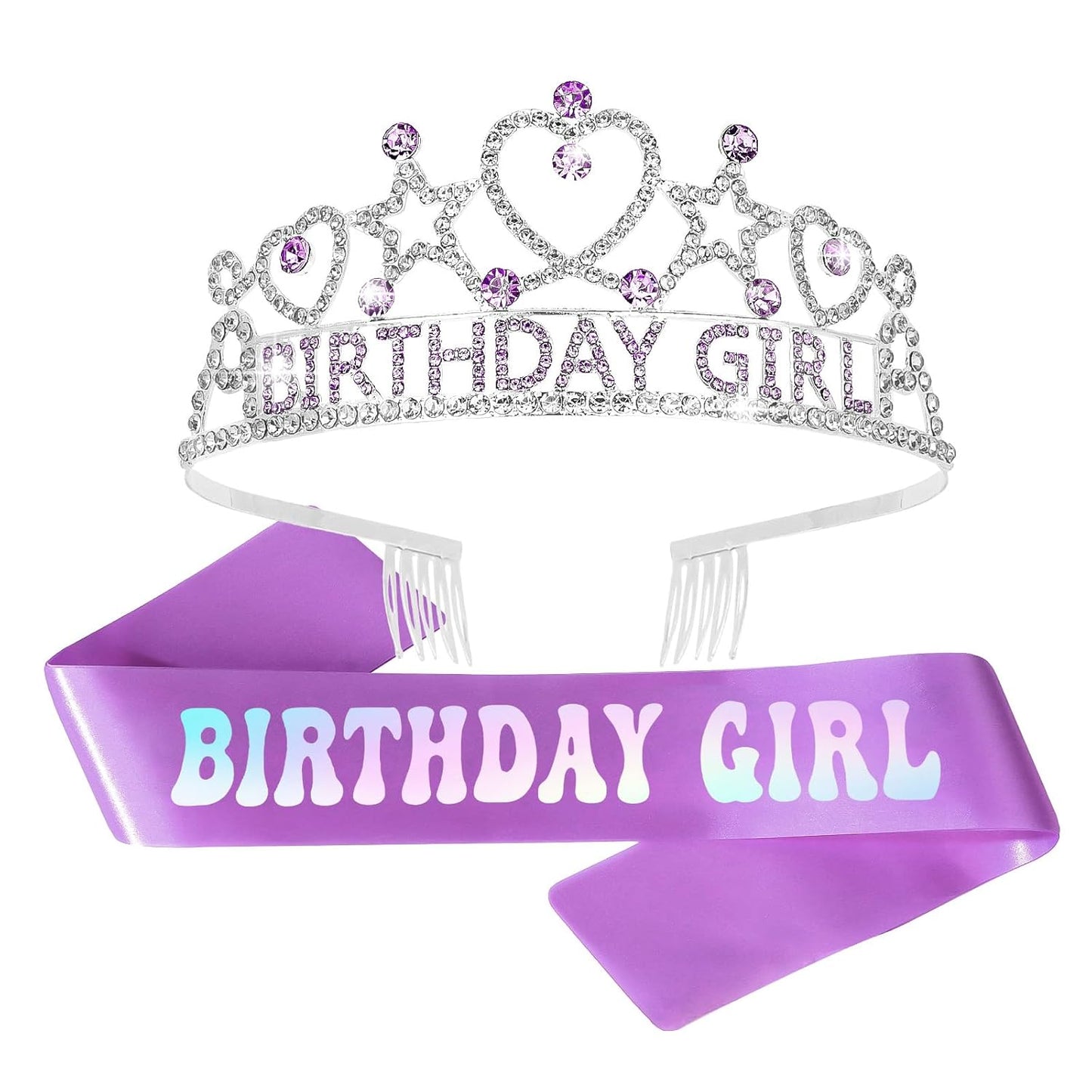 CIEHER Birthday Girl Crown and Sash Set for Birthday Decorations Gifts for Women Girls - Silver AB Rhinestones
