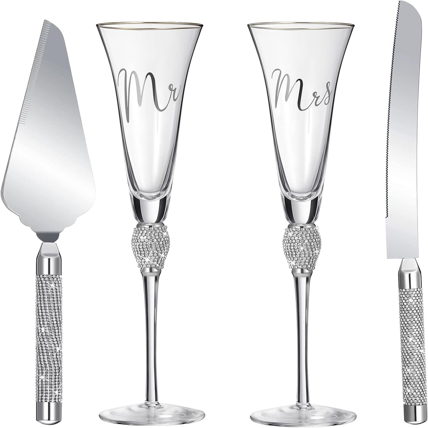 Boao 4 Piece Mr and Mrs Champagne Flutes and Cake Knife Server Set Crystal Wedding Toasting Flutes Rhinestone Cake Cutting Set for Bride and Groom Wedding Engagement Bridal Shower Gifts(Silver)