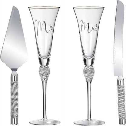 Boao 4 Piece Mr and Mrs Champagne Flutes and Cake Knife Server Set Crystal Wedding Toasting Flutes Rhinestone Cake Cutting Set for Bride and Groom Wedding Engagement Bridal Shower Gifts(Silver)