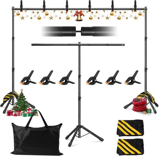 3-in-1 Backdrop Stand Kit 10x8.5 ft for Photography Studio, T-Shape Backdrop Stand for Wedding Parties, Background Stand for Photo Video Studio with Carring Bag, 6 Clamps, 2 Sandbags