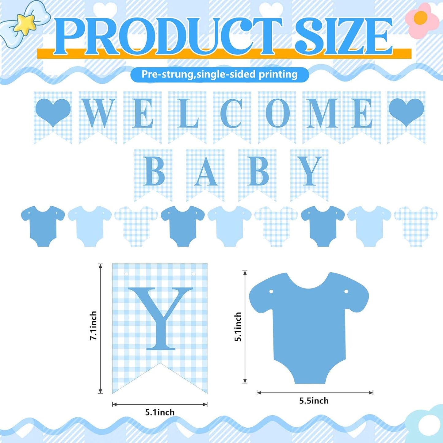 Hahafelt 1 Pcs Blue Gingham Welcome Baby Boy Banner for Baby Shower Party Decorations Pre Strung Gender Reveal Paper Banner for Table, Wall, Mantel Display Party Decor Supplies