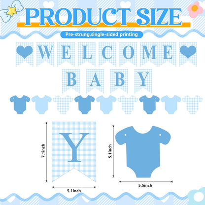 Hahafelt 1 Pcs Blue Gingham Welcome Baby Boy Banner for Baby Shower Party Decorations Pre Strung Gender Reveal Paper Banner for Table, Wall, Mantel Display Party Decor Supplies