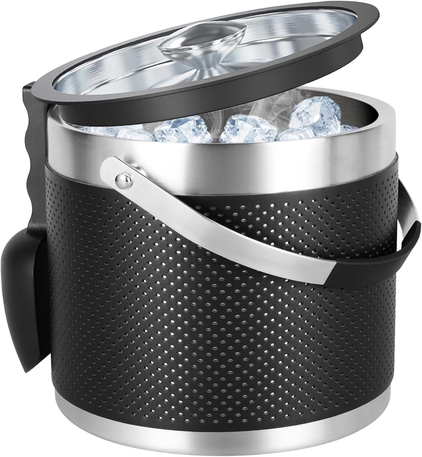 3.4Quart/3.2L Insulated Stainless Steel Ice Bucket with Lid, Scoop, Leather Design Double Wall Wine Bucket for Cocktail Bar, Parties (Dark Blue)