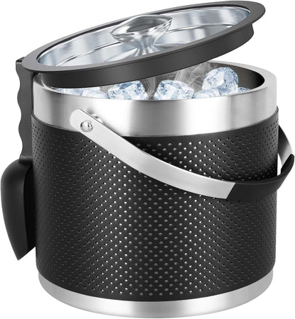 3.4Quart/3.2L Insulated Stainless Steel Ice Bucket with Lid, Scoop, Leather Design Double Wall Wine Bucket for Cocktail Bar, Parties (Dark Blue)