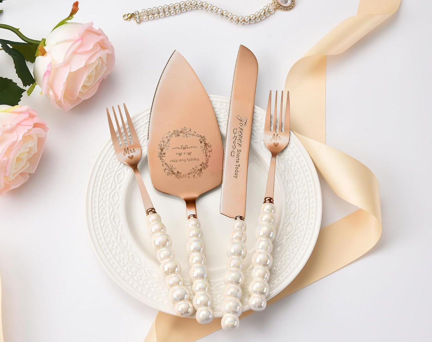 Wedding Cake Knife and Server Set, Gold Ceramic Pearl Handle Cake Cutting Set for Weddings, Engagements, Anniversaries, and Engagement Gifts for Couples