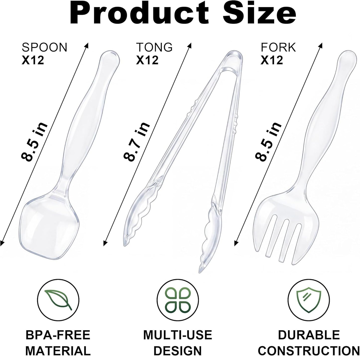 36Pcs Disposable Plastic Serving Utensils Set, 12 Black Spoons, 12 Forks, 12 Tongs, 9-Inch for Party Buffet Catering Events, Heavy Duty and Ergonomic Design