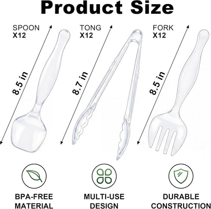 36Pcs Disposable Plastic Serving Utensils Set, 12 Black Spoons, 12 Forks, 12 Tongs, 9-Inch for Party Buffet Catering Events, Heavy Duty and Ergonomic Design