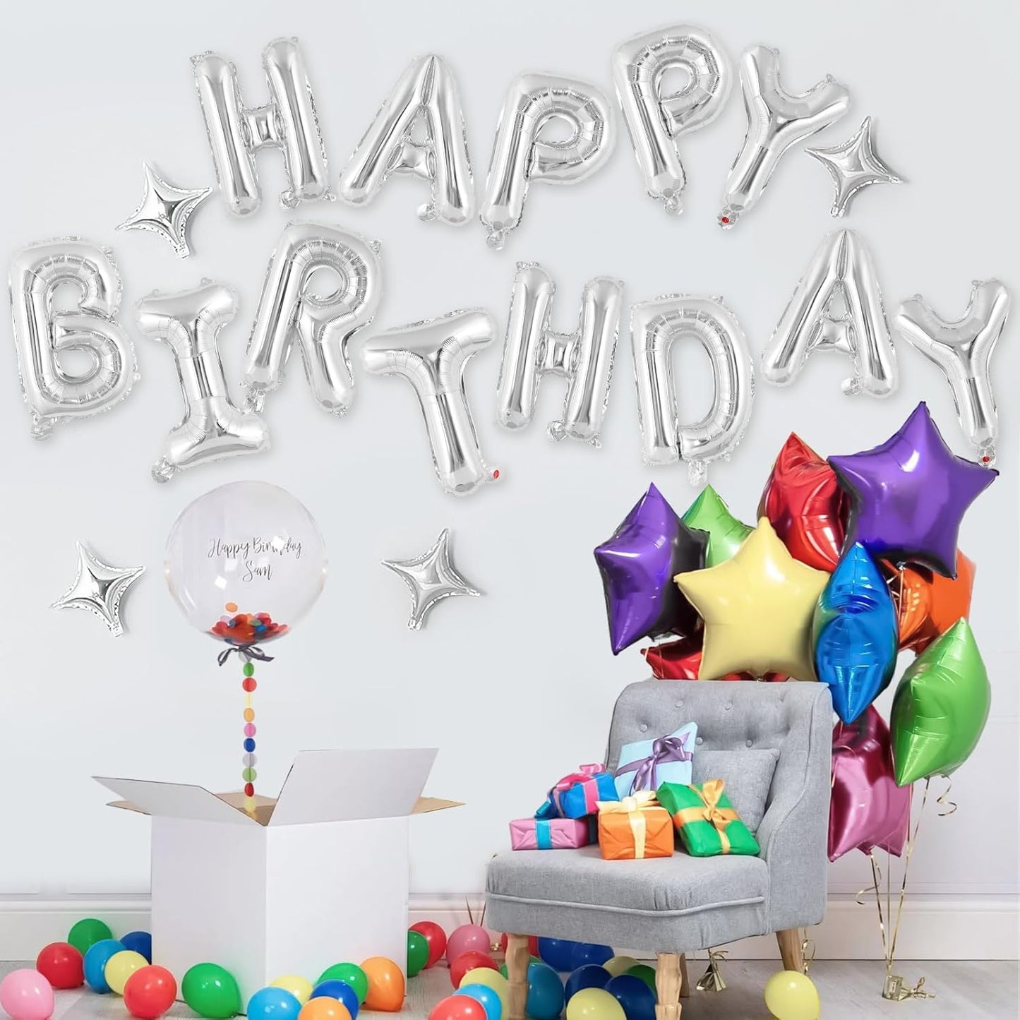 Happy Birthday Balloons Banner, Foil Balloon Personalized Name Letters Balloons Sign Birthday Party Decorations for Women Men Boys Girls Cream
