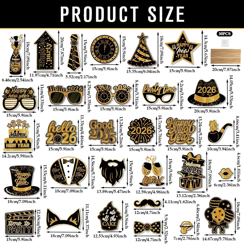30Pcs New Years Eve Party Supplies 2026 Photo Booth Props Set with Frame 2026 Happy New Year Decorations Selfie Frames NYE Decoration for Parties Selfie Props Photography Decorations