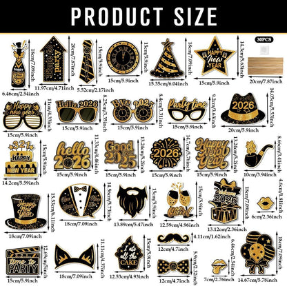 30Pcs New Years Eve Party Supplies 2026 Photo Booth Props Set with Frame 2026 Happy New Year Decorations Selfie Frames NYE Decoration for Parties Selfie Props Photography Decorations