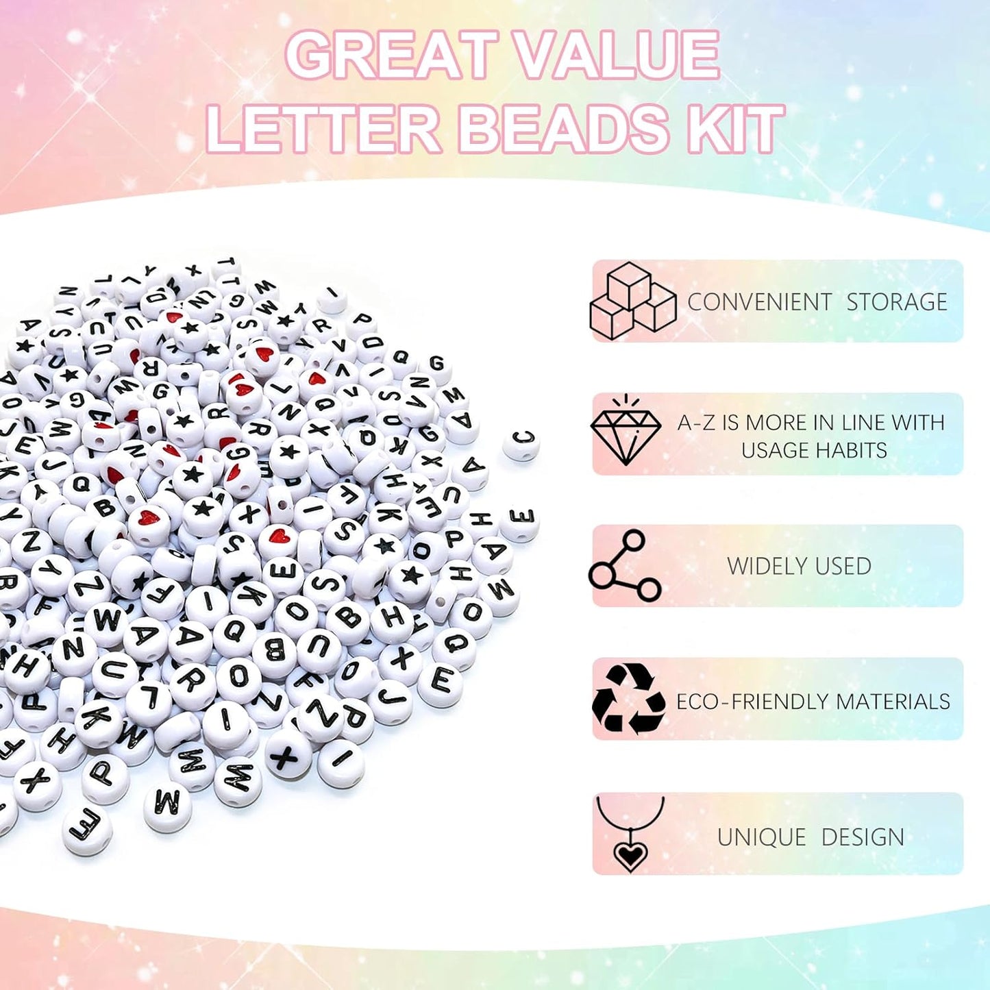 Amaney 1400pcs Glow Letter Beads, Heart Beads Whit Elastic Beading Cord,4x7mm Round Acrylic Alphabet Beads for Friend Bracelet Jewelry Making