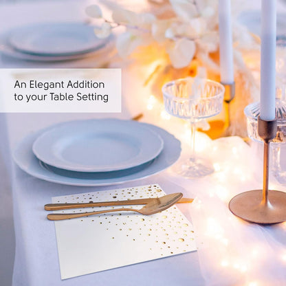 Stylish Gold Dinner Napkins, 100 White and Gold Napkins, Disposable Party Napkins, 7.5x4.25 Inch Wedding Napkins for Reception, 3-Ply Dinner Napkins, Disposable Napkins for Party, Gold Paper Napkins