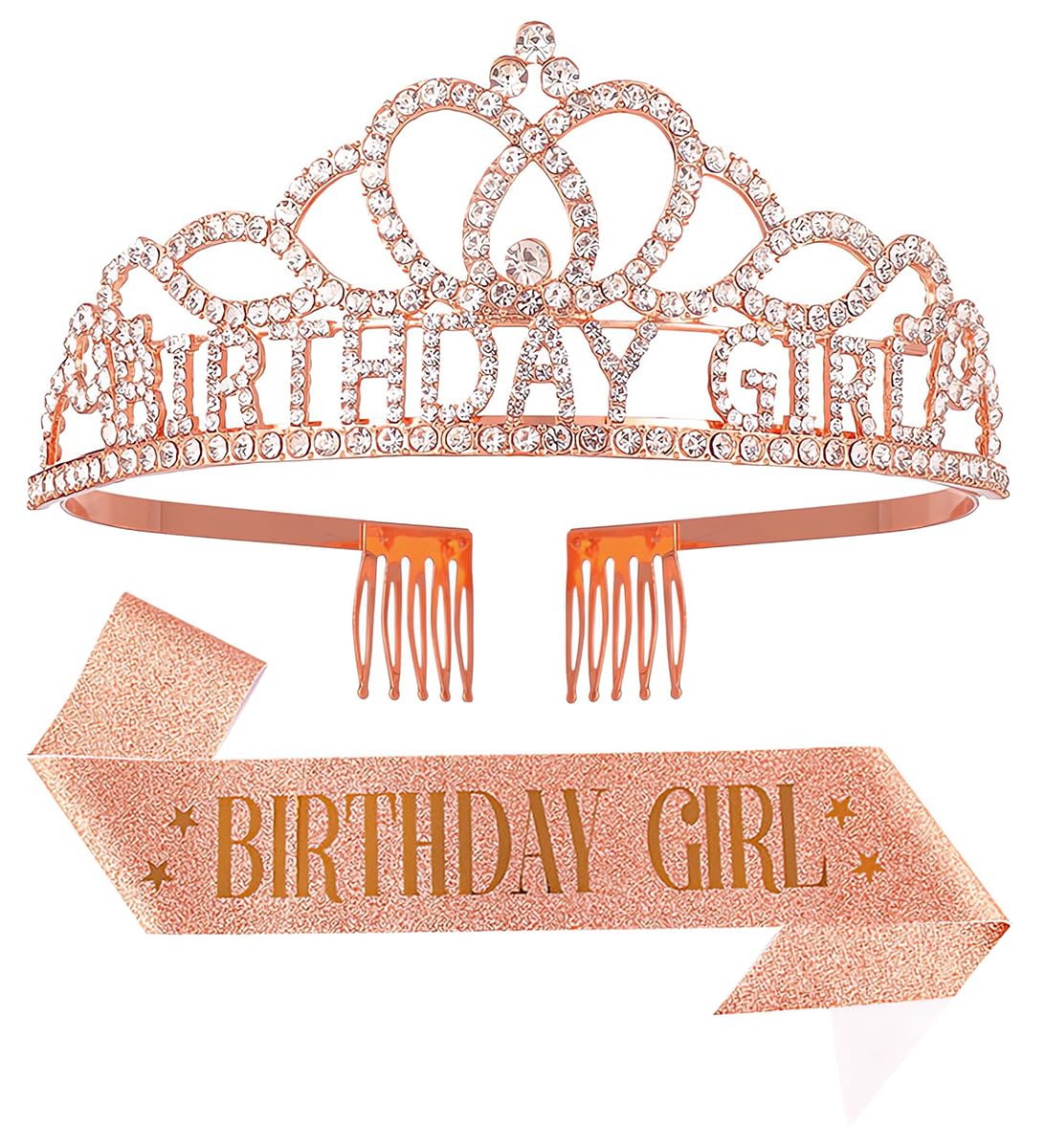 Birthday Tiara Crown with Sash for Women, Headband Hair Accessories for Wedding Party Costume