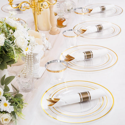 WELLIFE 350-Piece Gold Disposable Plates and Cutlery Set - Premium 10.25" Dinner Plates, 7.5" Dessert Plates, 9oz Cups & Cutlery for Weddings, Catering Events - 50 Guest Service - Elegant & Sturdy