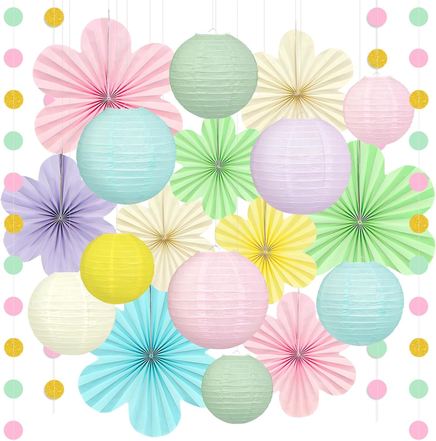 Spring Hanging Decorations - 20Pcs Pastel Party Decorations | Paper Lanterns & Flower Fans Set with Glitter Garland for Pastel Classroom Decor, Office, Baby Shower, Wedding & Easter Wall Decor