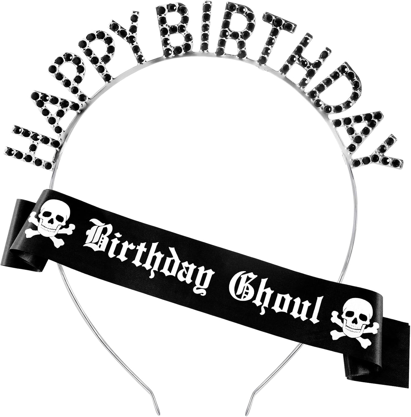 Zeyune 2 Pcs Goth Birthday Decorations Black Gothic Birthday Ghoul Sash with Headband for Girl Women Gothic Spooky Gifts Emo Horror Vampire Party Decorations(Silver,Skull)