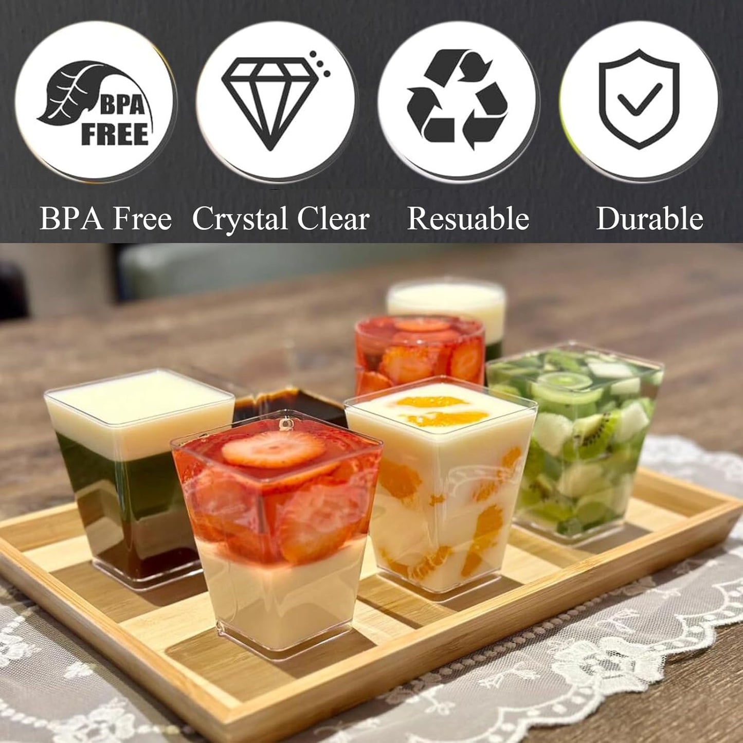 Hiasobre 50Pack 5oz Plastic Dessert Cups with Lids and Spoons, Reusable Clear Parfait Appetizer Cups, Square Party Shooter Serving Cup, Mini Dessert Shot Glasses for Tasting