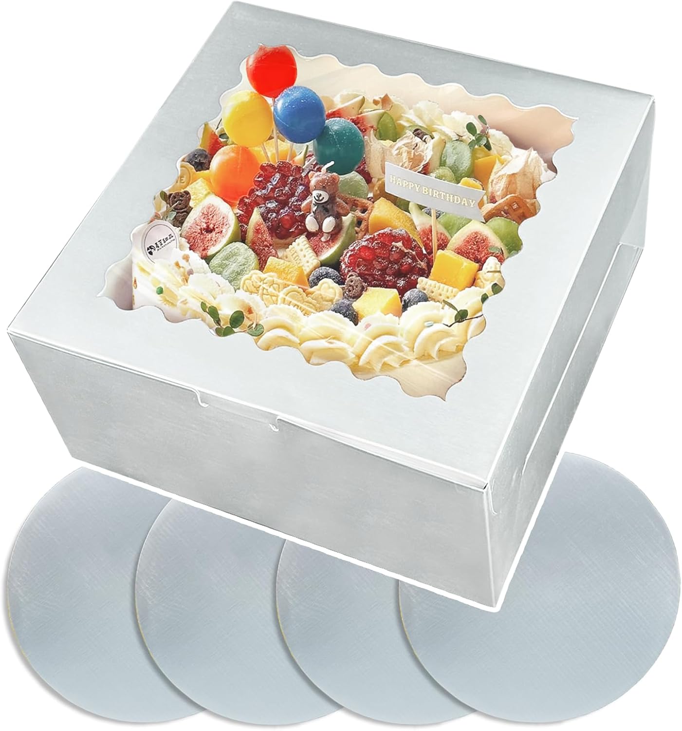 Bakepacker 36pcs 6x6x5 Inches with Window 18-Packs White 6 Inch Bakery Boxes (18 Cake Boxes +18 Cake Boards + 10 Meters Silk Ribbon Includes Included)