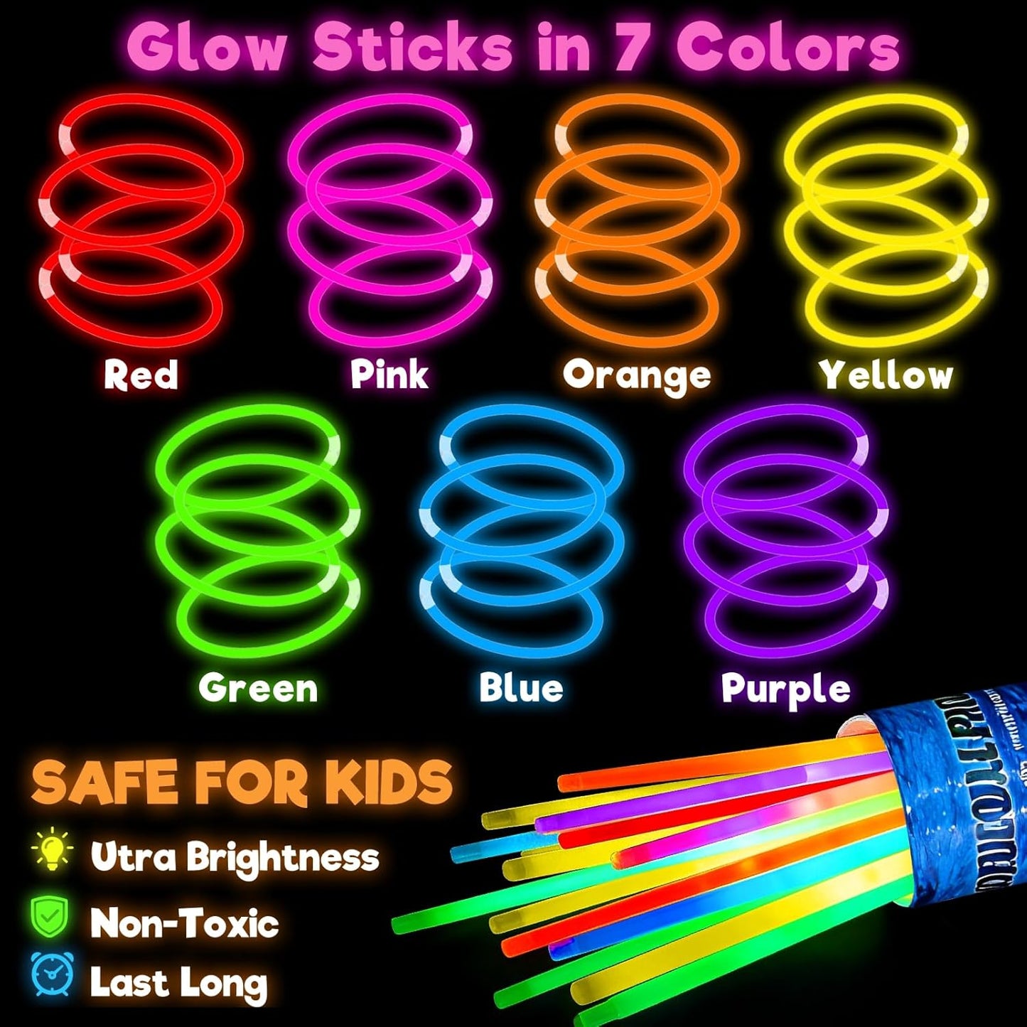 TURNMEON 500 Pack Ultra Bright Glow Sticks Bulk Glow In The Dark Party Supplies Necklace Bracelet with Connector 8" Light Up 14Hrs Long Last Party Favors Toy Birthday Wedding Pool Patriotic