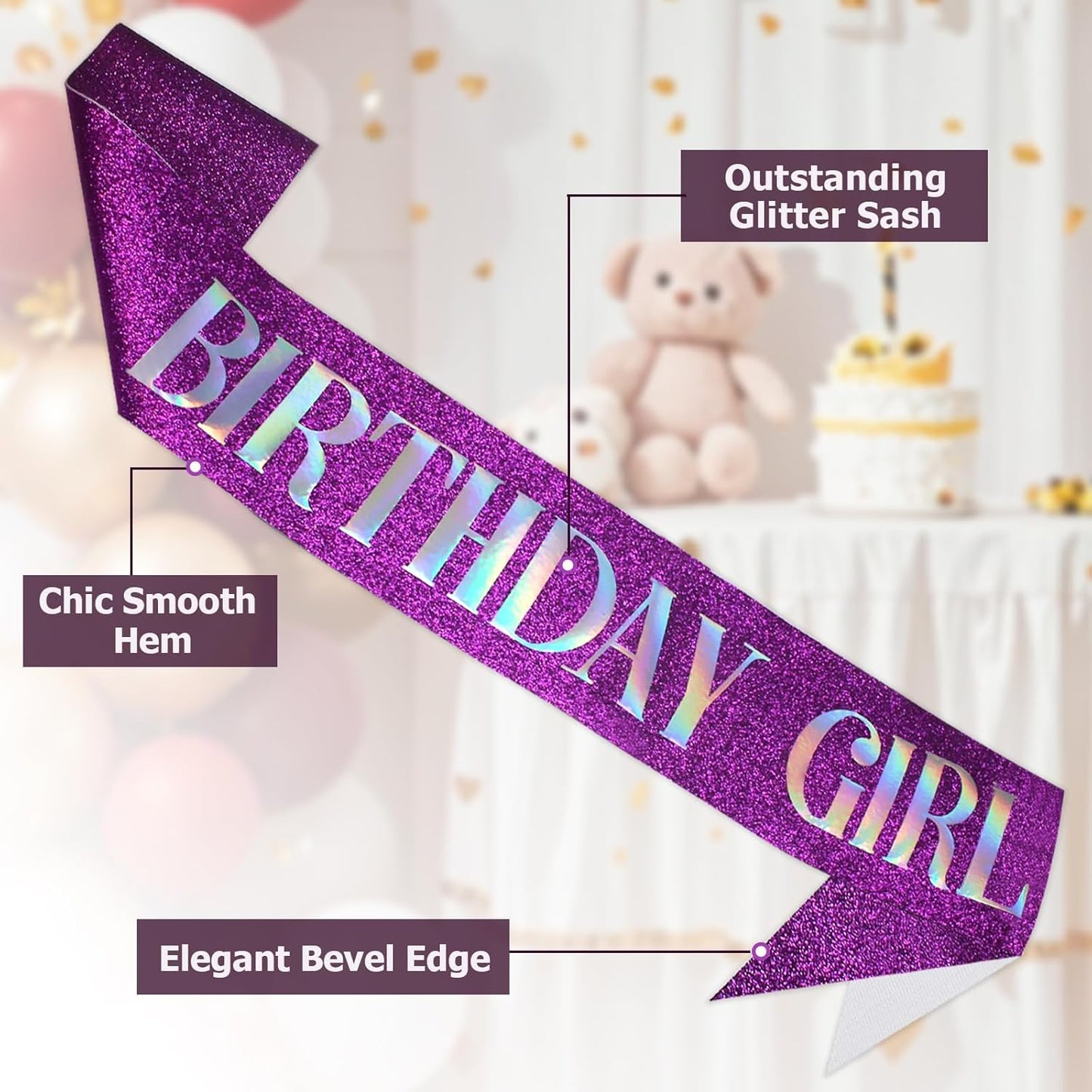 RUDONG M Birthday Girl Sash Glitter - Silver Birthday Sash for Women & Girls | Sweet 16/18th/21st/30th/40th/50th/60th/70th, All-Age Celebration Party Decor