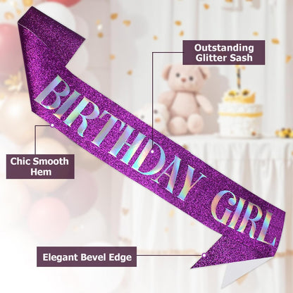 RUDONG M Birthday Girl Sash Glitter - Silver Birthday Sash for Women & Girls | Sweet 16/18th/21st/30th/40th/50th/60th/70th, All-Age Celebration Party Decor