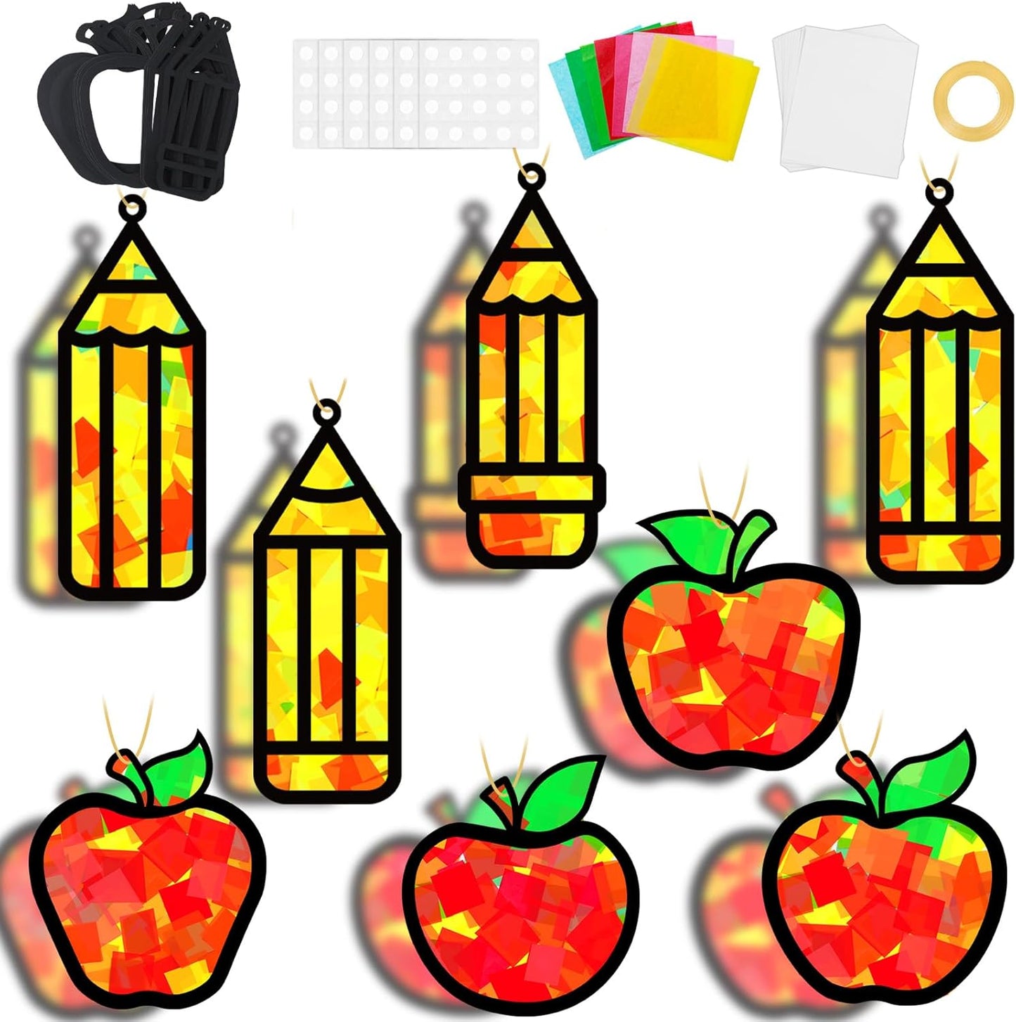 QOUBAI 32 Sets Stars Suncatchers Craft Back to School DIY Stained Glass Window Patriotic 4th of July Paper Craft Home School Classroom Decor Kid Birthday Gift Creative Art Activity Game - Colors B