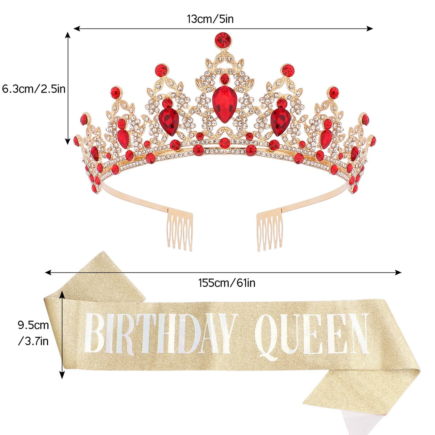 CAVETEE Red Black Birthday Crown and Sash for Women Sash & Rhinestone Tiara Set Red and Black Party Decorations Birthday Queen Crowns Tiaras for Women